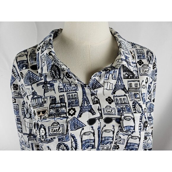 Karl Lagerfeld Shirt XL Parisian Cityscape Button-Front Long Roll Sleeve Blue - Picture 6 of 13